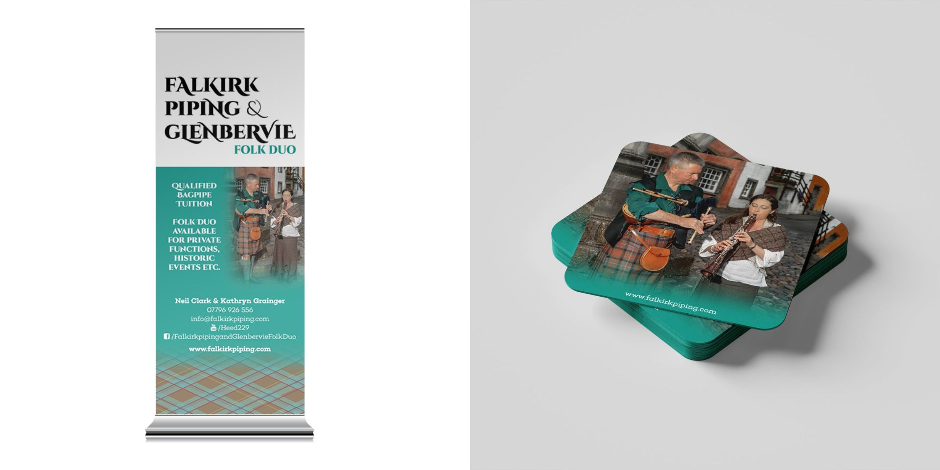 A branded roller banner and matching merchandise.