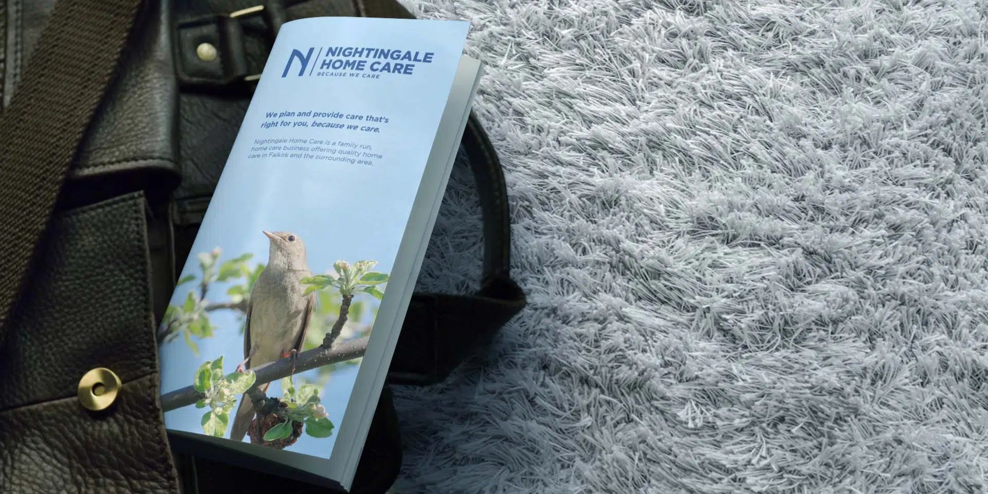 A light blue client flyer featuring a nightingale bird.