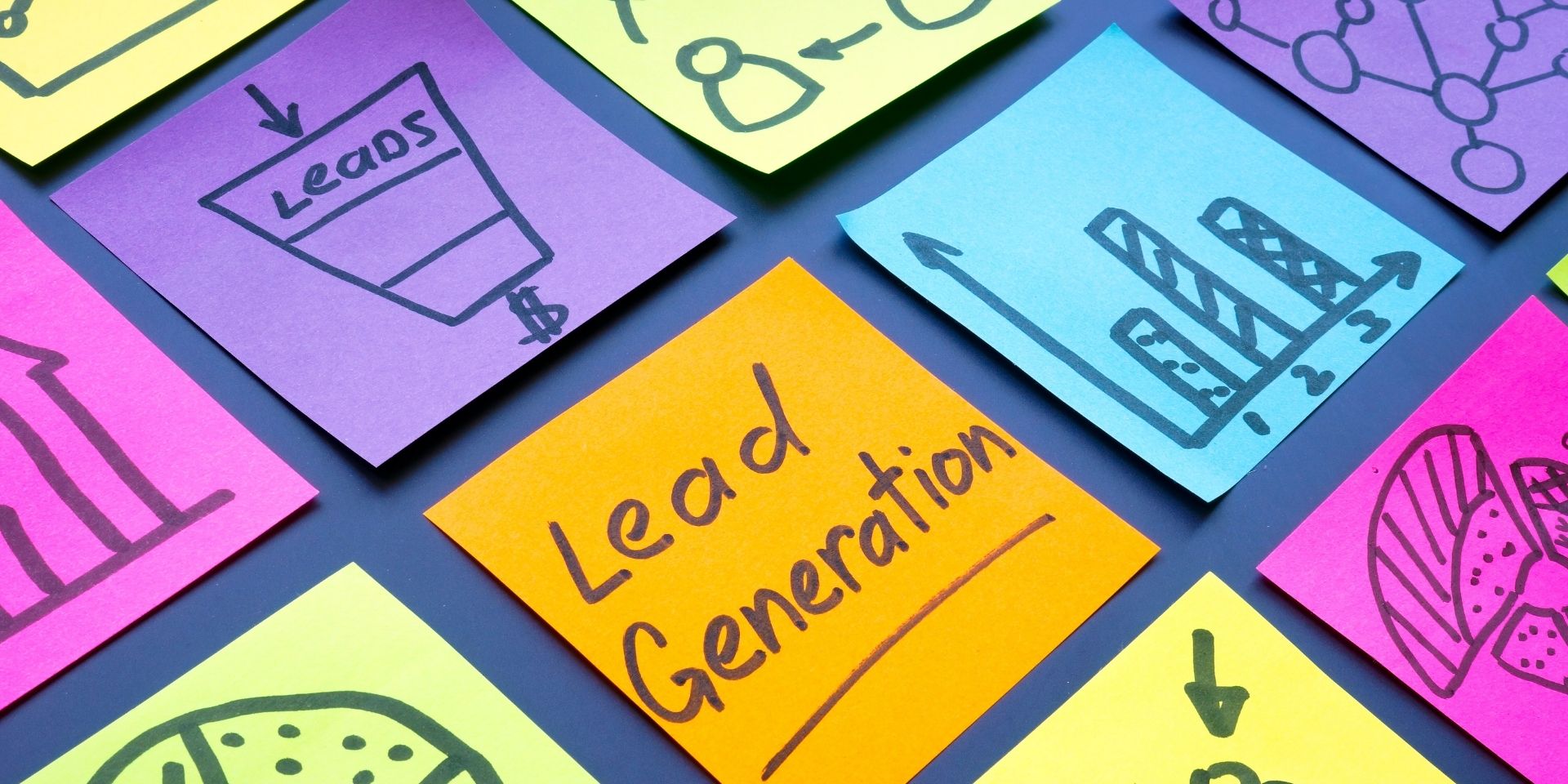 A collection of brightly coloured post-it notes with the words 'lead generation'.