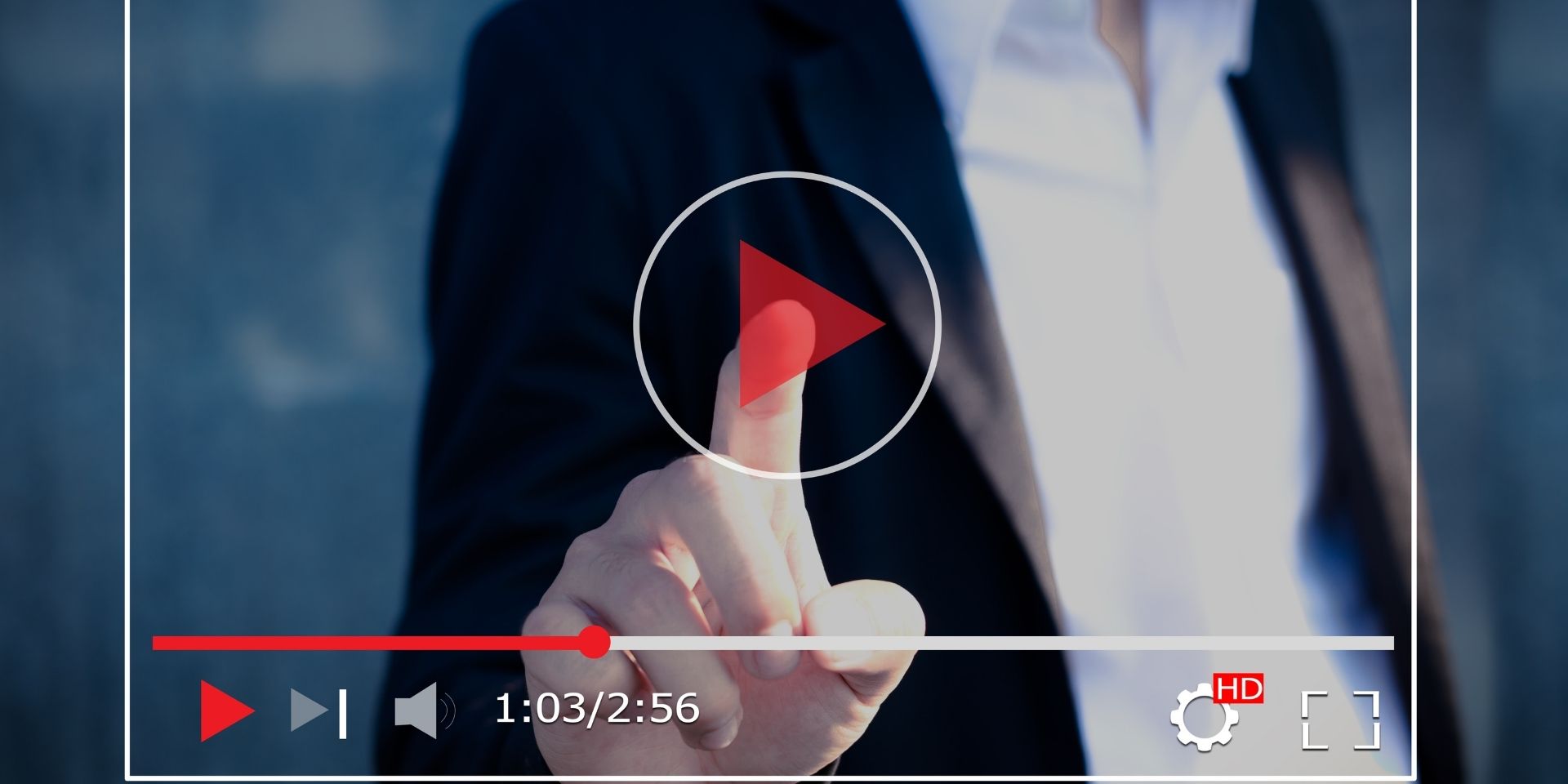 A screen is shown with a man about to click on a red play arrow icon.