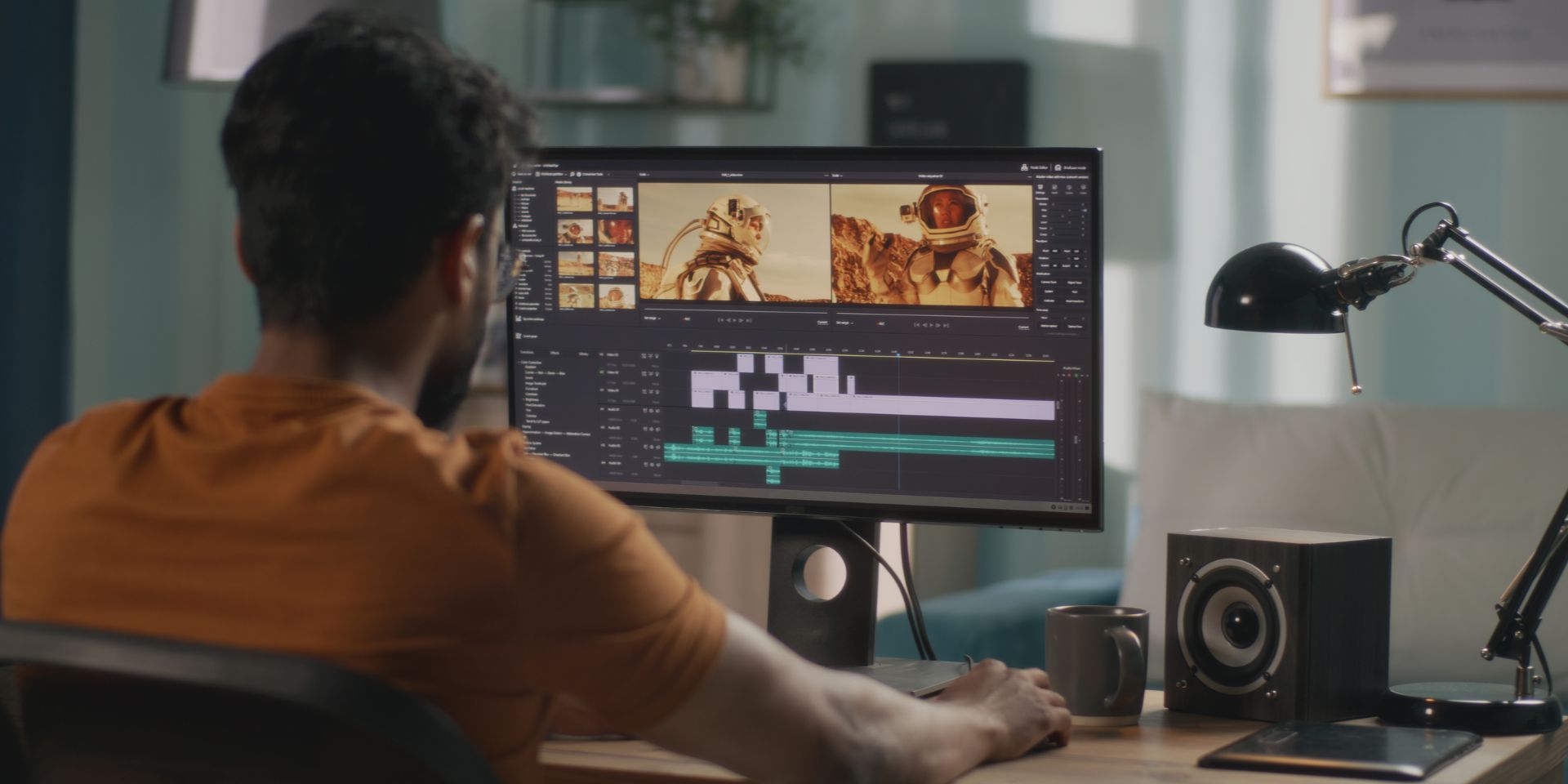 A video editor works on a monitor screen.