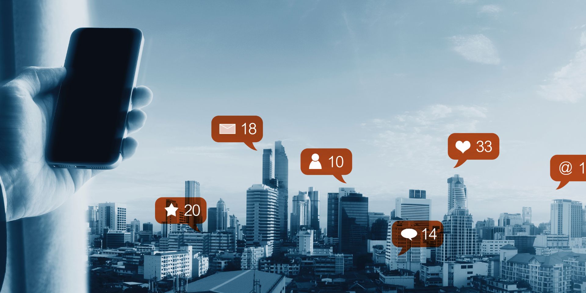 A mobile phone is shown against the London skyline, with notification icons from social media.