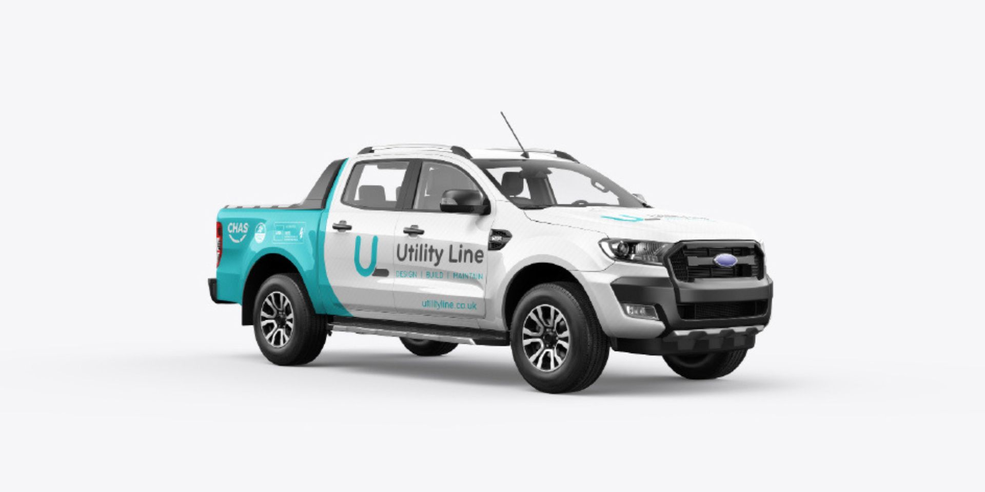 This image shows a van after a branded white and turquoise vehicle wrap has been applied.