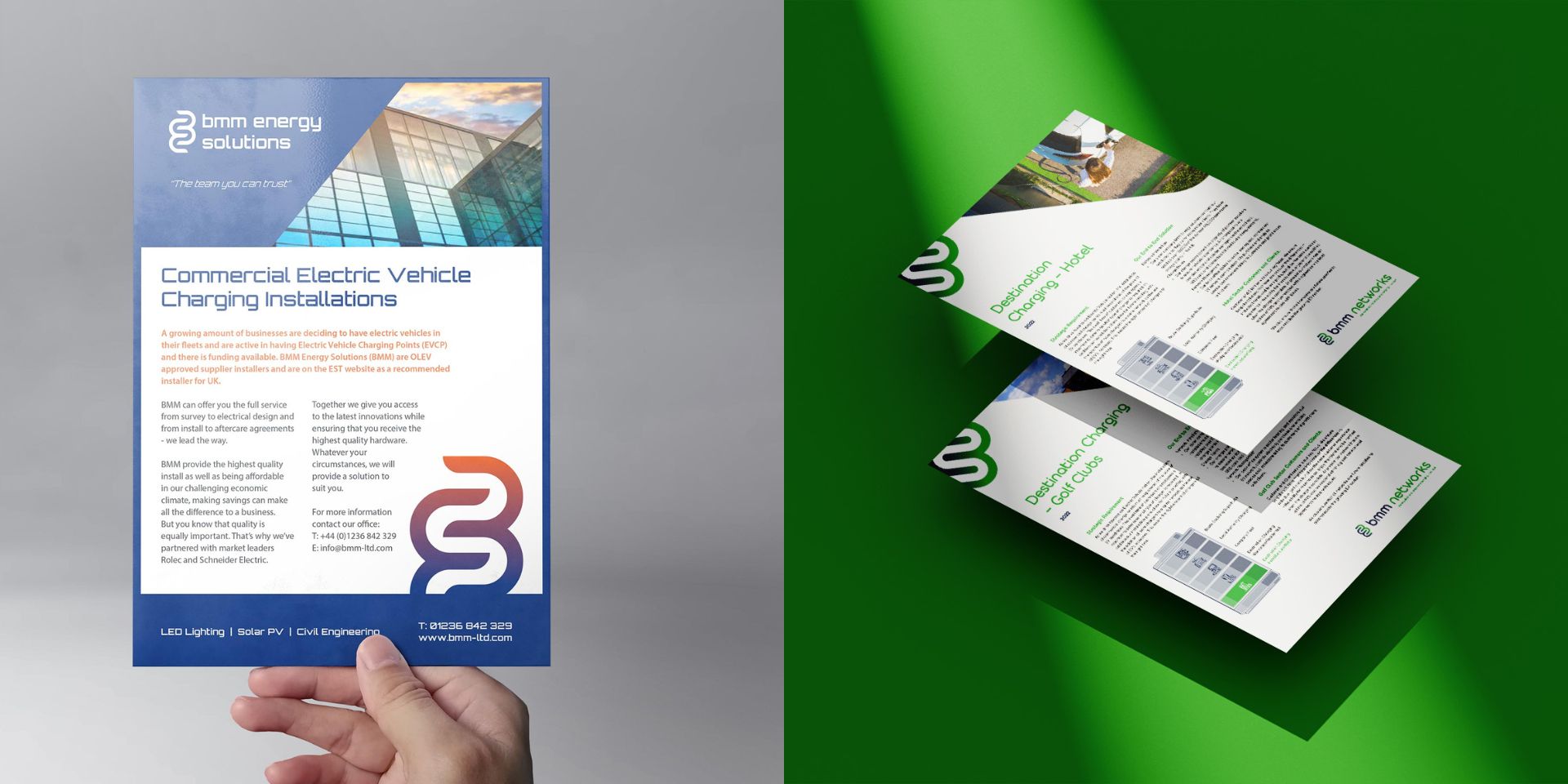 Two examples of our design work for BMM Energy and BMM Networks. These side-by-side images show printed materials created by thefingerprint design agency.