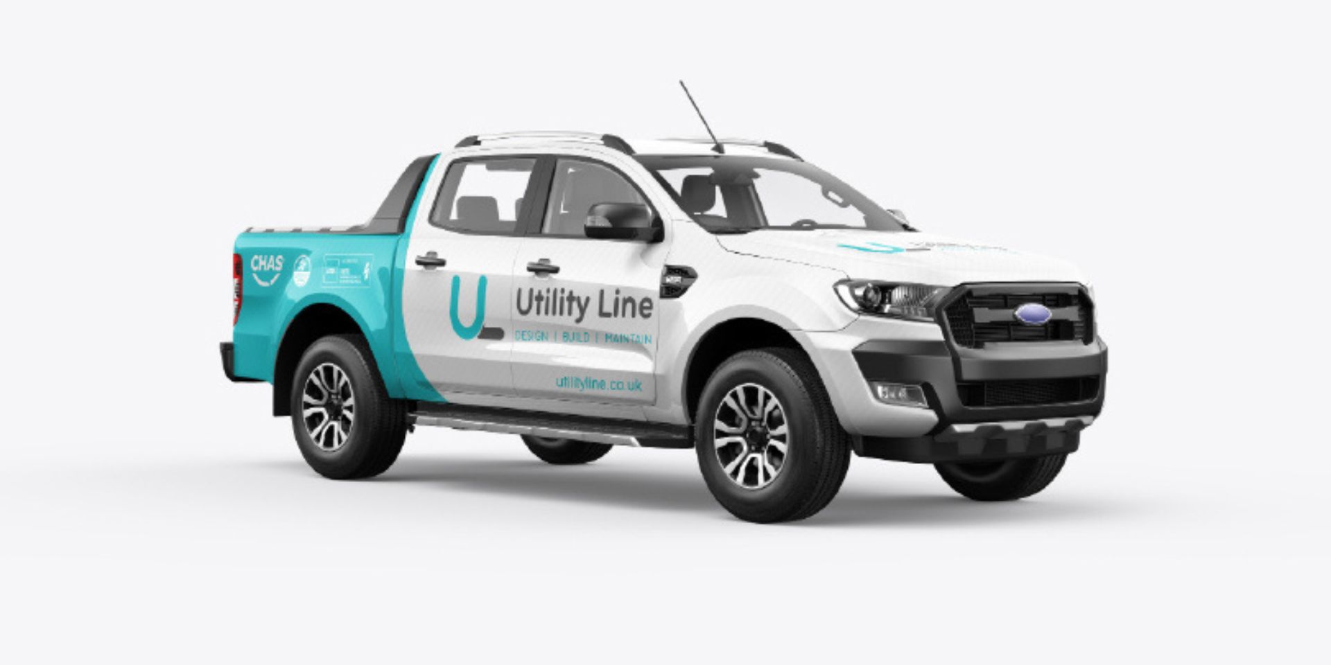 This photo shows a truck with a turquoise and white vehicle wrap, for the brand Utility Line.