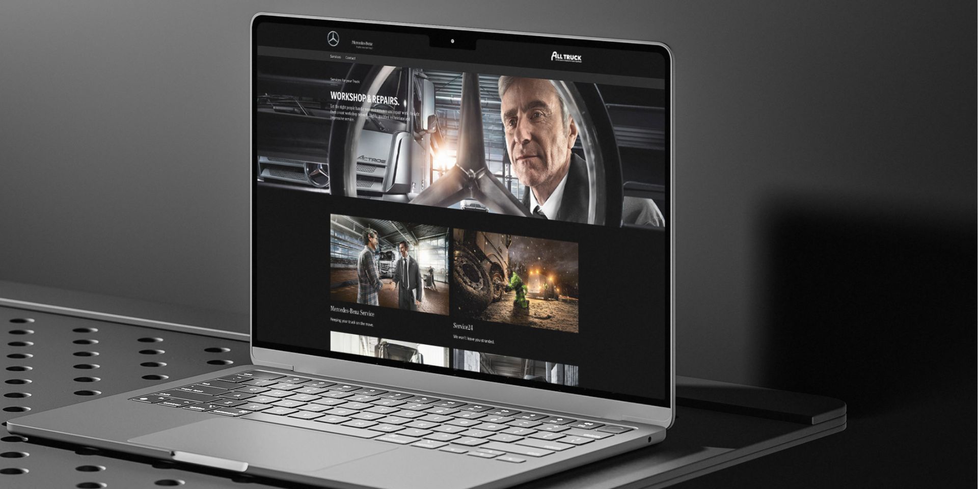 A grey backdrop features our design agency's web design for Mercedes-Benz Alltruck.