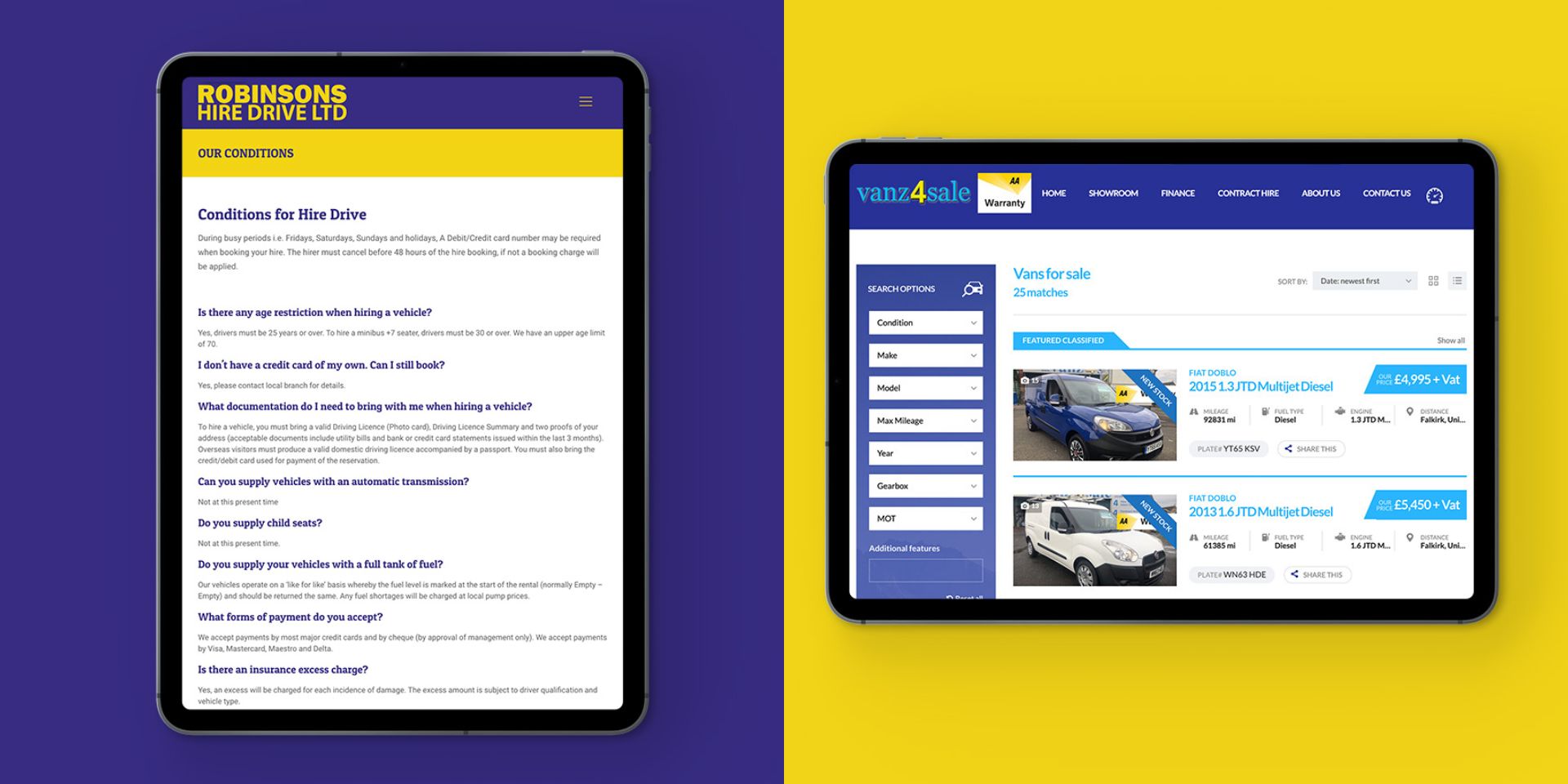 Two vehicle-related website designs are shown with a colour palette of yellow and purple.