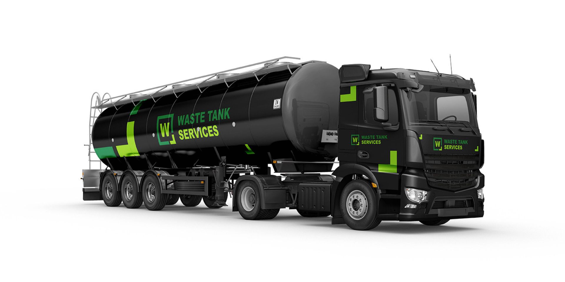 This image shows a tanker with a black and green vehicle wrap applied.