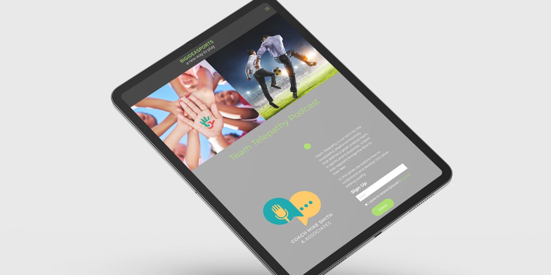 A tablet device shows the website designed by thefingerprint design agency. Two photos show teamwork and footballers.