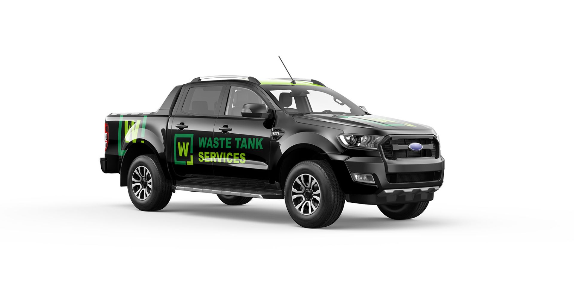 A predominantly black vehicle wrap with lime and dark green text is shown after application.
