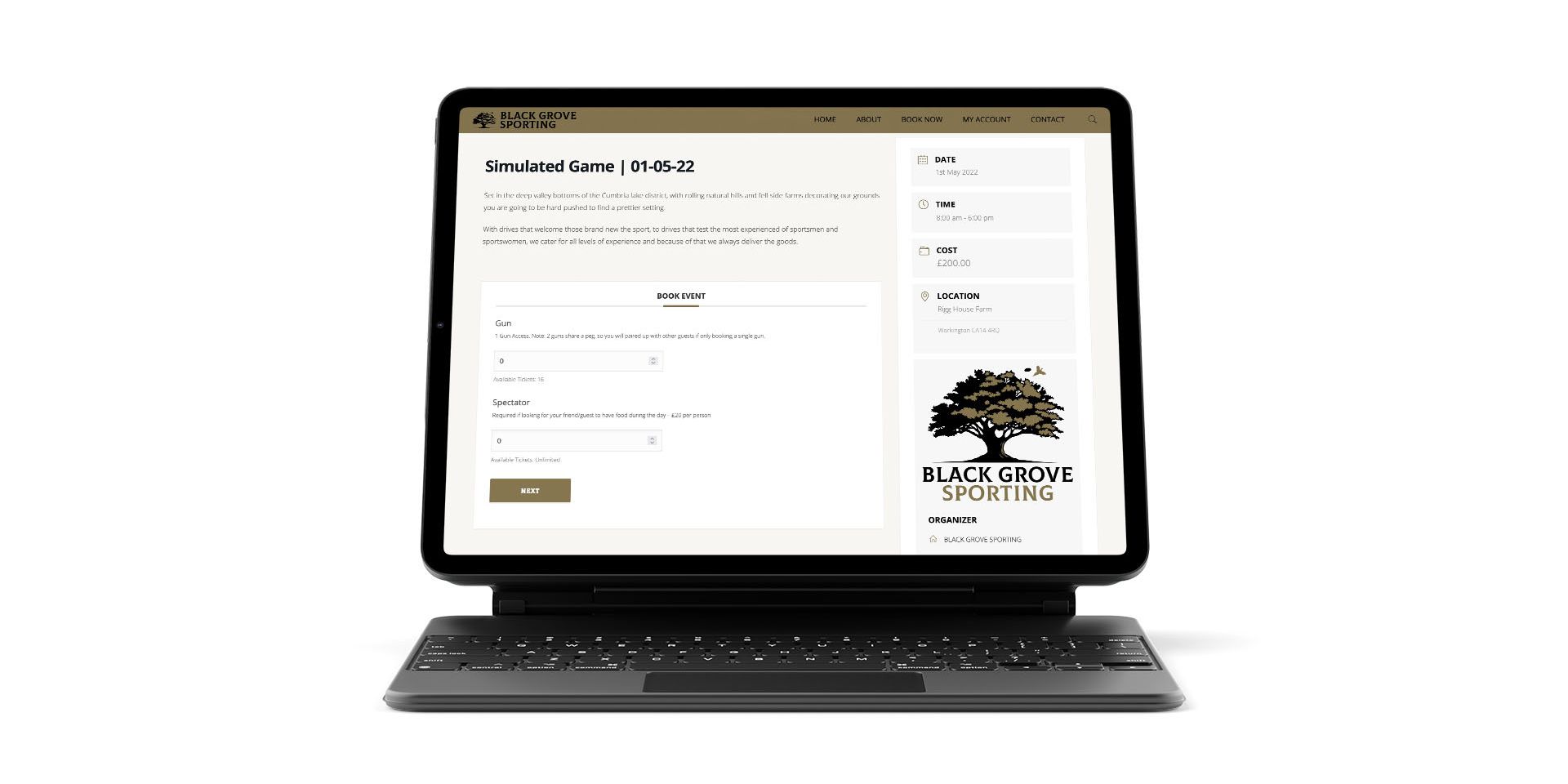 This image shows a booking form on the Black Grove Sporting site.