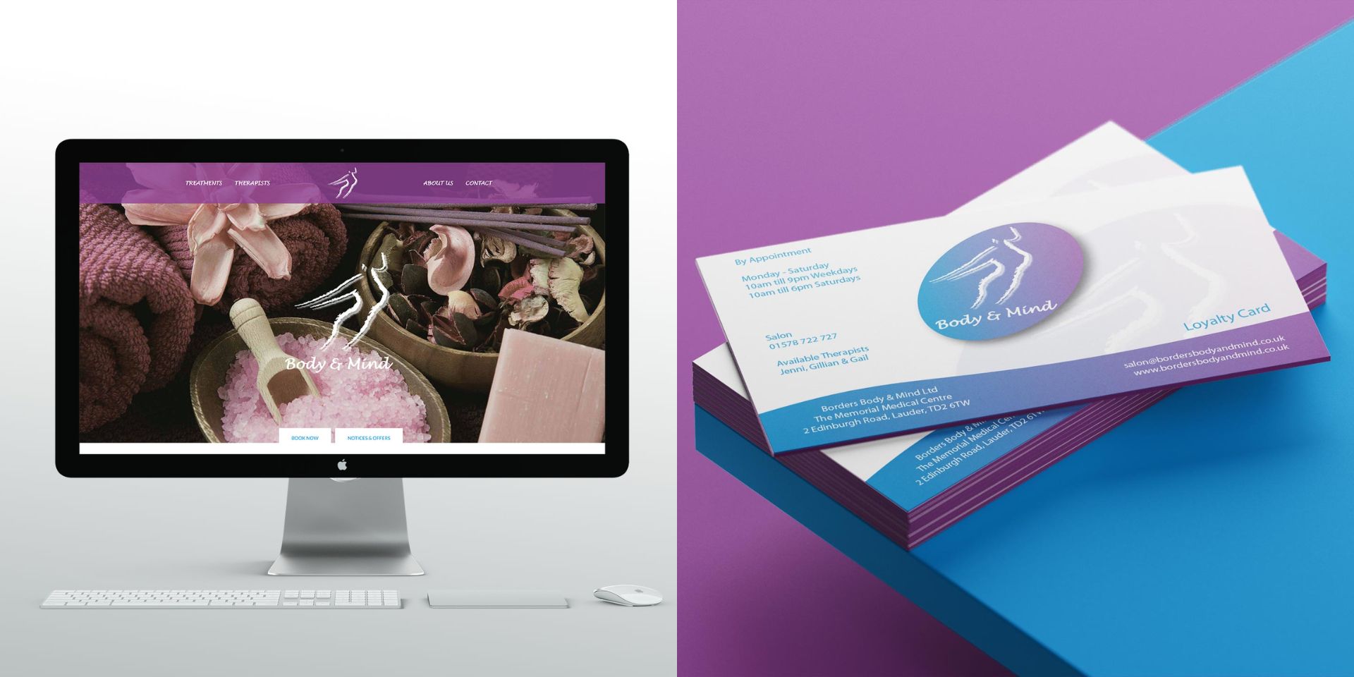 A side-by-side view of designs we created for a beauty salon.A vibrant purple and blue colour palette has been chosen.