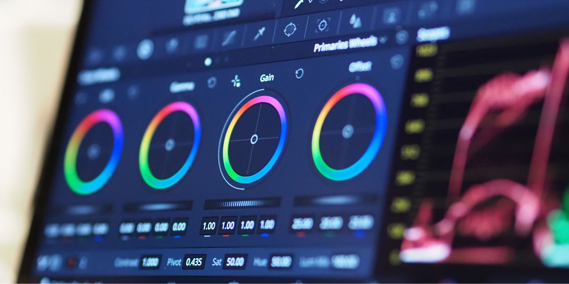 A computer monitor showing colour dials and their resulting colours in a design programme.