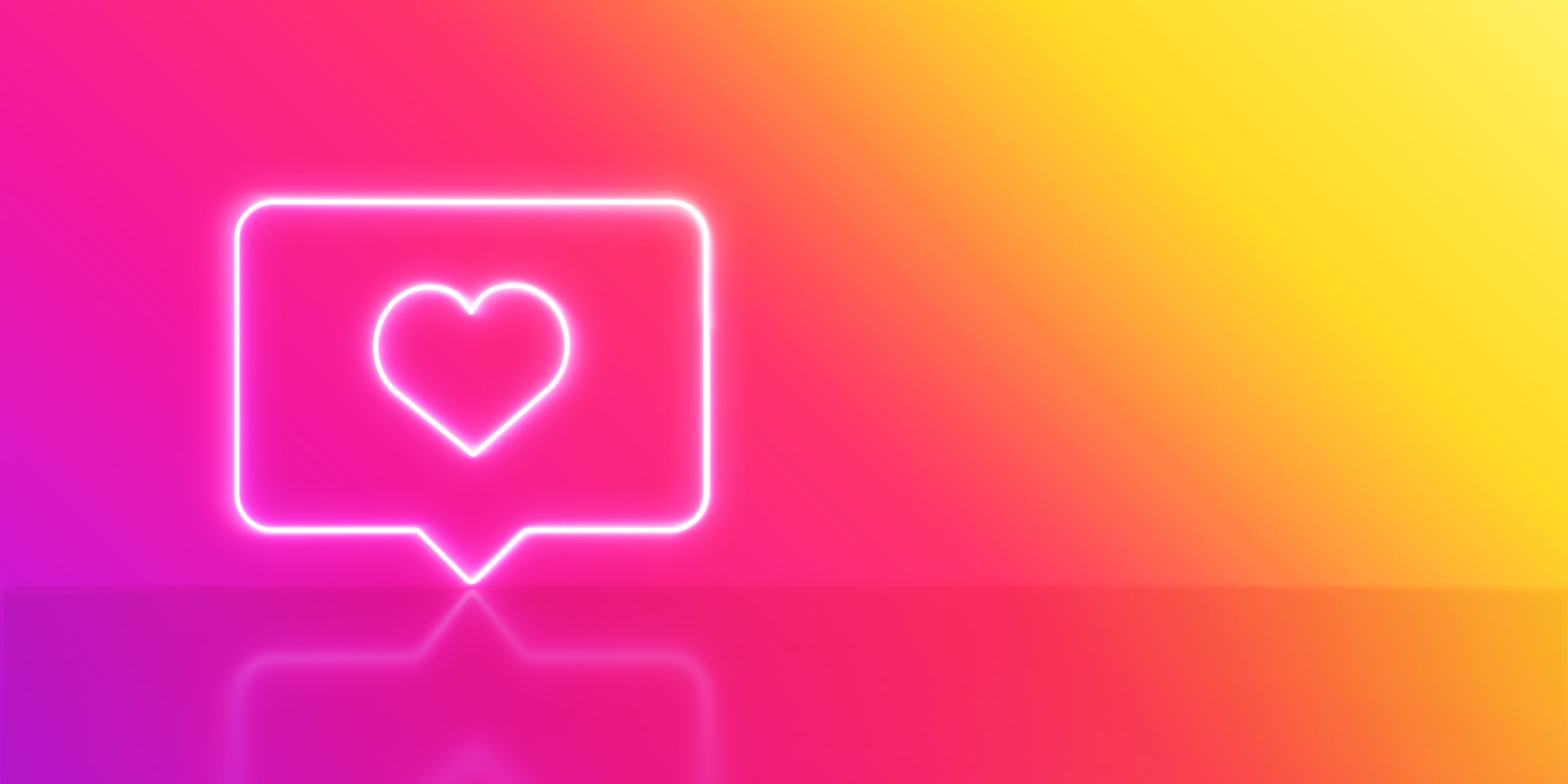 A neon pink background blends into an orange and yellow ombre effect in the top-right corner. To the left of centre is a heart 'love' icon from social media.