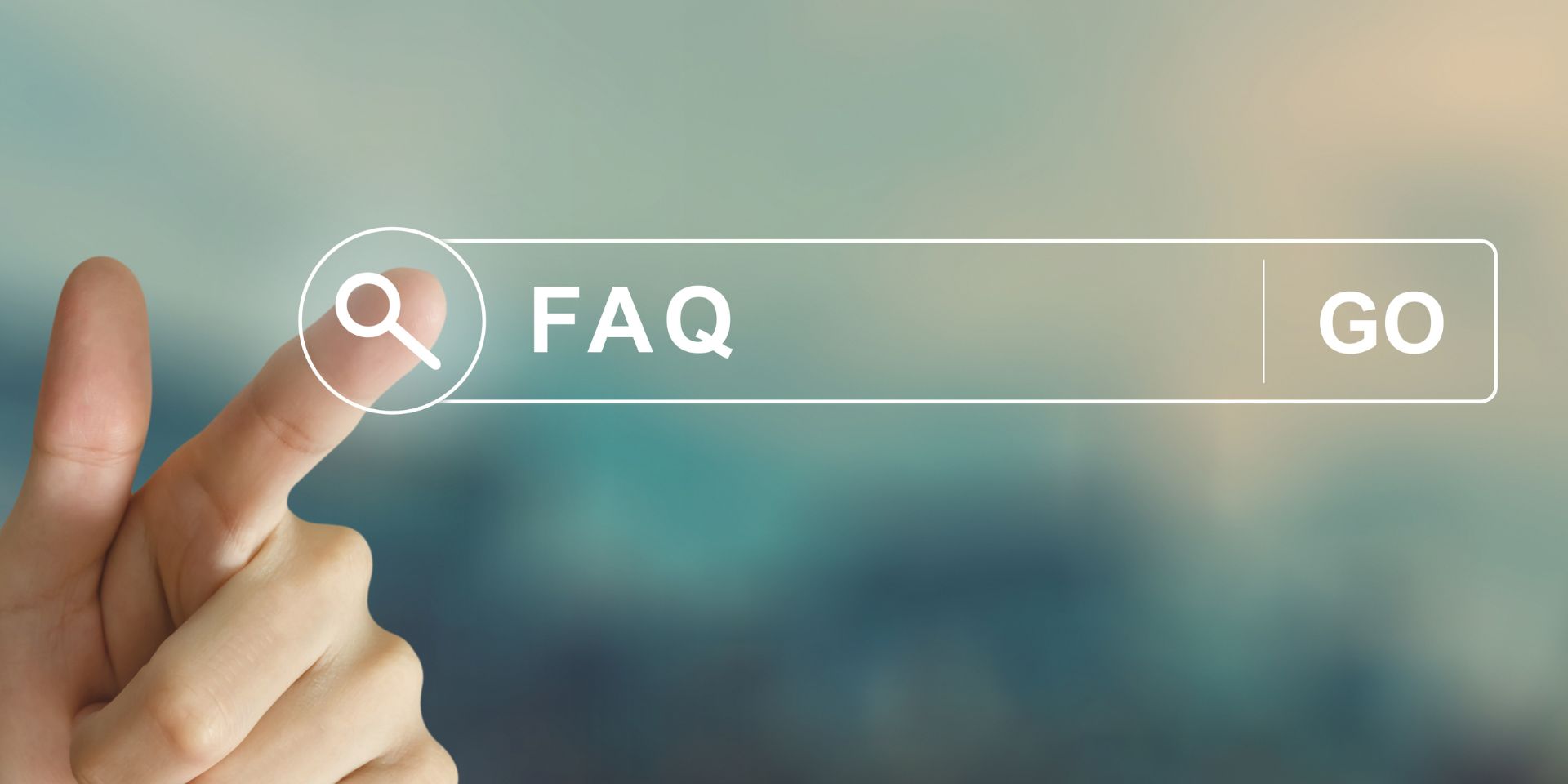 A blurred turquoise and peach background is placed behind a man's hand that points to an internet search box outlined in white. Inside the text box is the acronym 'FAQ' and the word 'GO'.