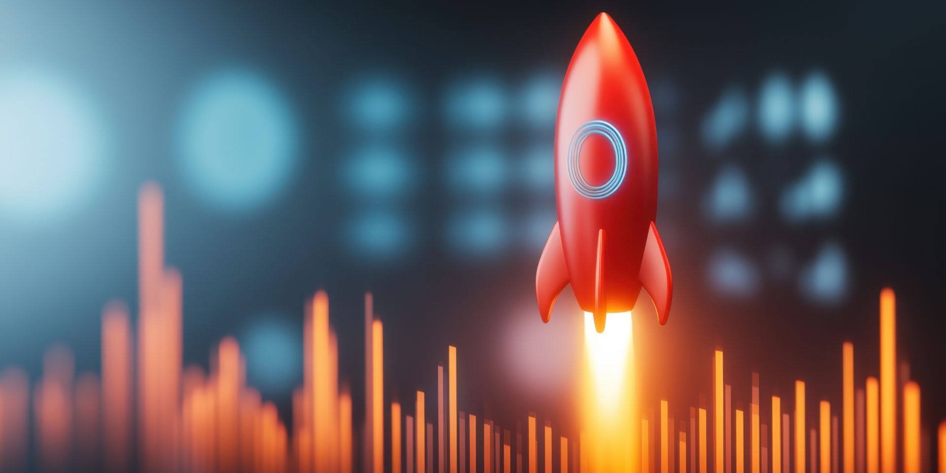 A teal background projects a red rocket ship as it launches. Below it are red and orange bar chart icons.