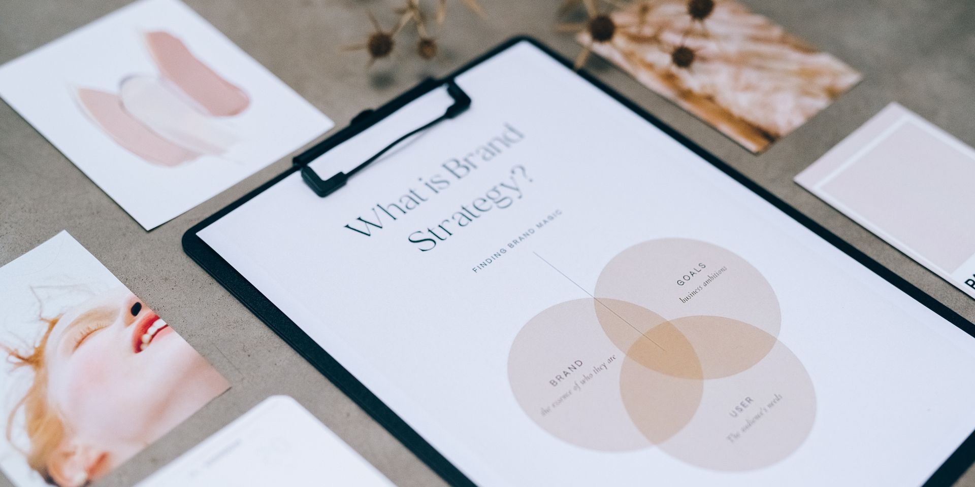 A desk of aesthetic items, including a central black clipboard holding the sheet "What is Brand Strategy?".