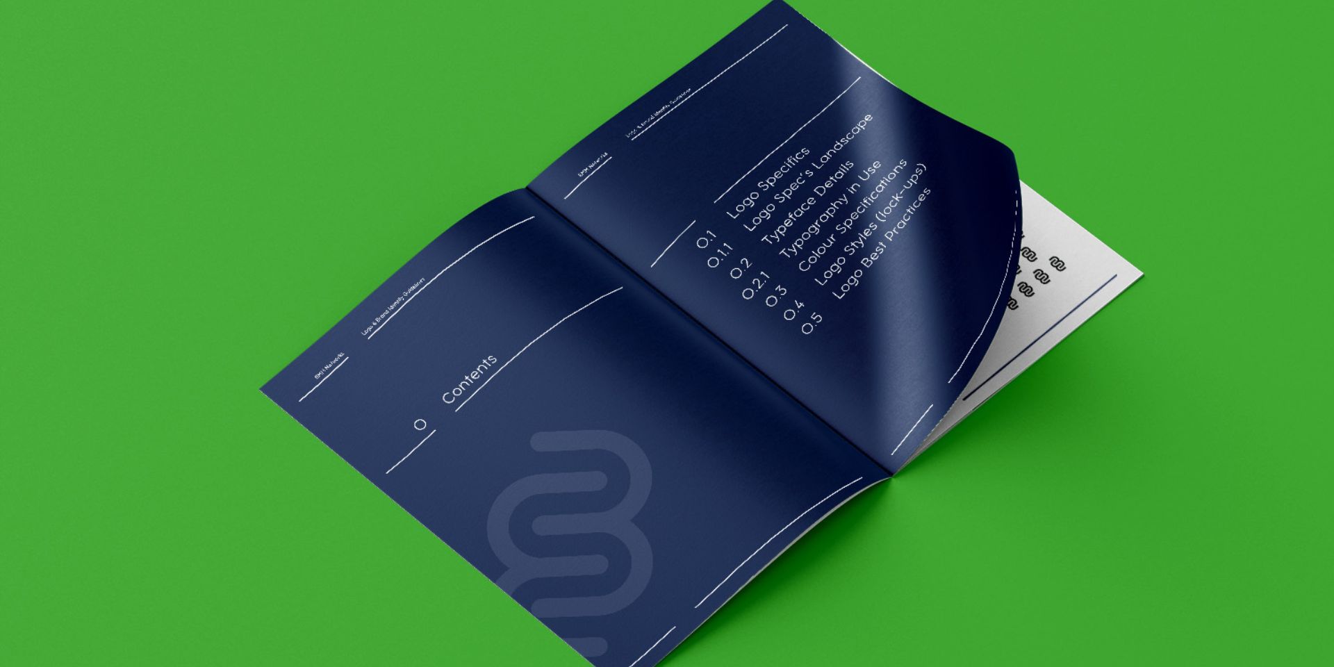A vivid green background showing a navy blue brand guidelines document, with the front page slightly turned.