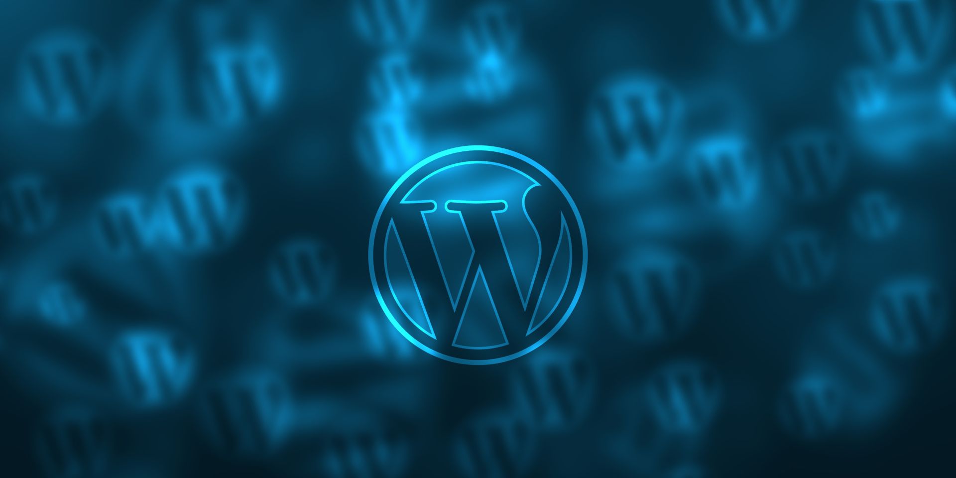 A teal, navy and black backdrop featuring the WordPress logo in the centre, while several are shown blurred in the background.