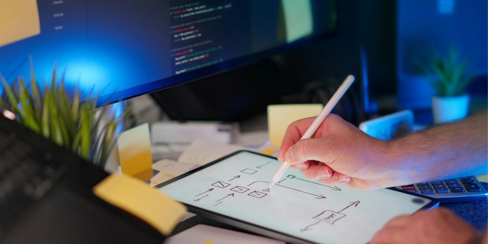 A web designer's hands shown working on a website for a client, on their tablet with a stylus device.