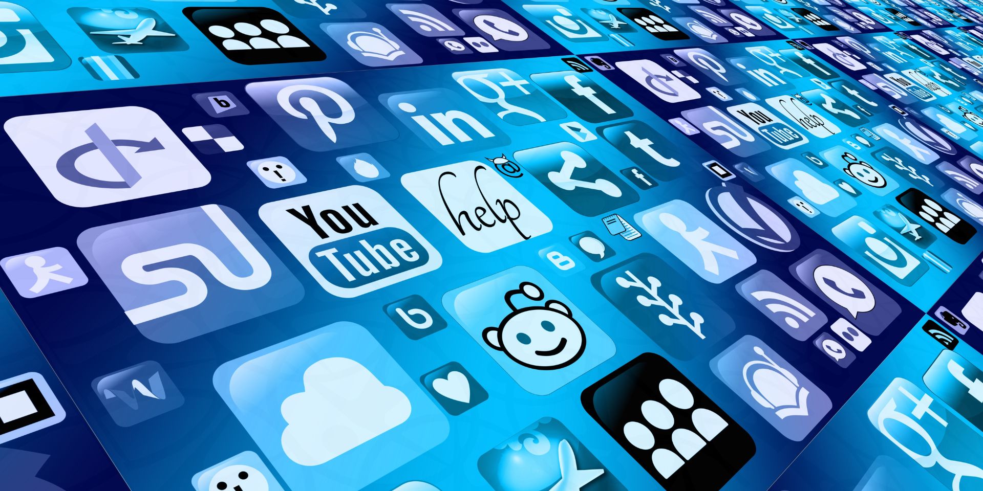A grid of social media icons shown on a diagonal angle, in blue and purple tones.