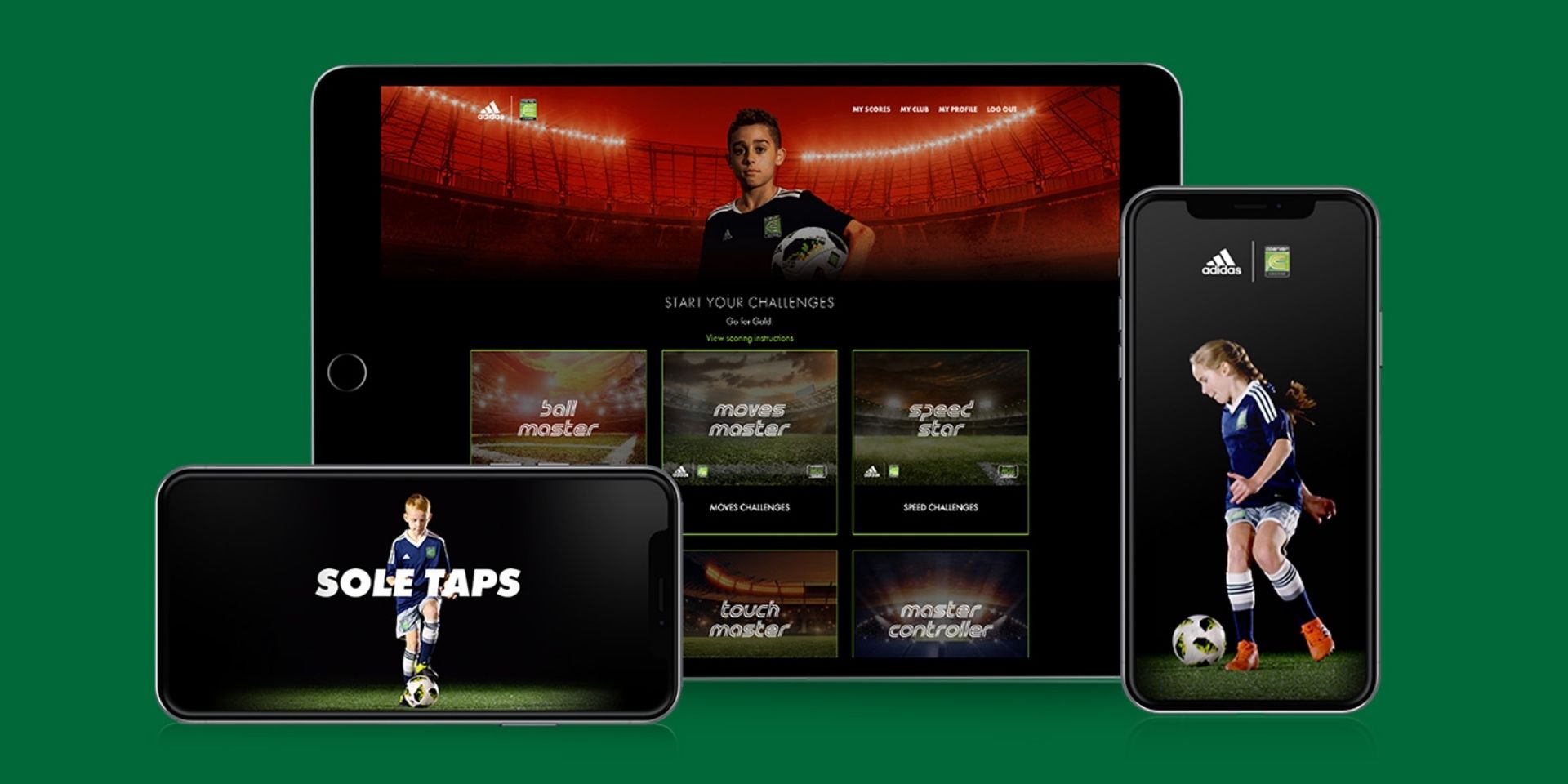 A green background featuring three smart devices. Including a mobile phone and tablet, their screens show different versions of a website designed by thefingerprint.