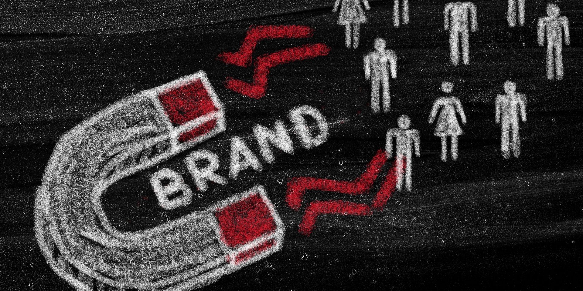 A blackboard showing a white and red magnet with the word "brand" on the left side. On the right side are stick people in white with red magnetic charge lines in the middle of the image.